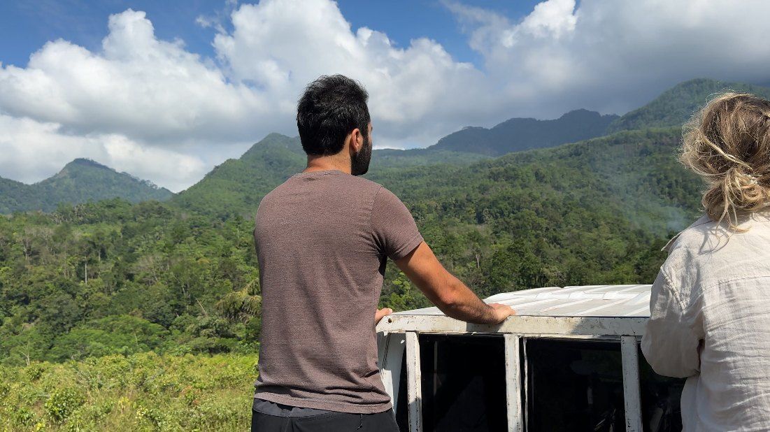 Two guests in the open truck look out over forest and hills